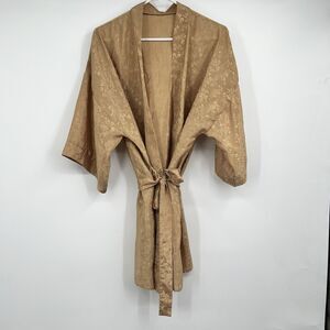 DELICATES Gold Floral Polyester Women's Satin Kimono Robe Belted Bridal Sexy